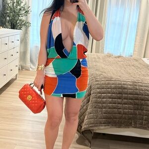 Indah Multicolor Deep V Mini Dress - Orange/Blue/Green/White